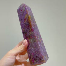 Load and play video in Gallery viewer, unicorn stone tower with pink tourmaline,lepidolite and smokey quartz
