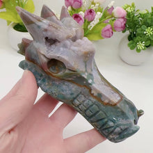 Load image into Gallery viewer, big pink ocean jasper dragon head with shiny purple geode
