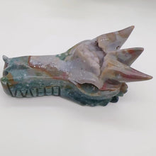 Load image into Gallery viewer, big pink ocean jasper dragon head with shiny purple geode
