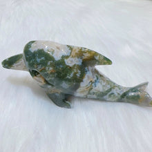 Load image into Gallery viewer, druzy moss agate dolphin with nice geode
